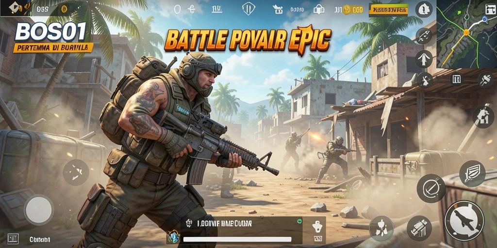 Screenshot gameplay luar biasa dari BOS01 menunjukkan aksi Battle Royale yang mendebarkan.