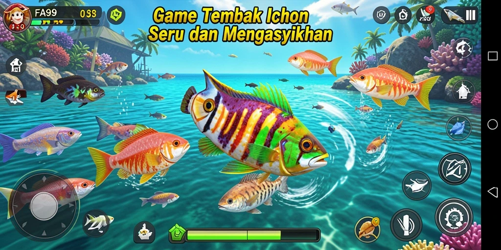 Tampilan gameplay FA99 dengan banyak ikan berwarna-warni