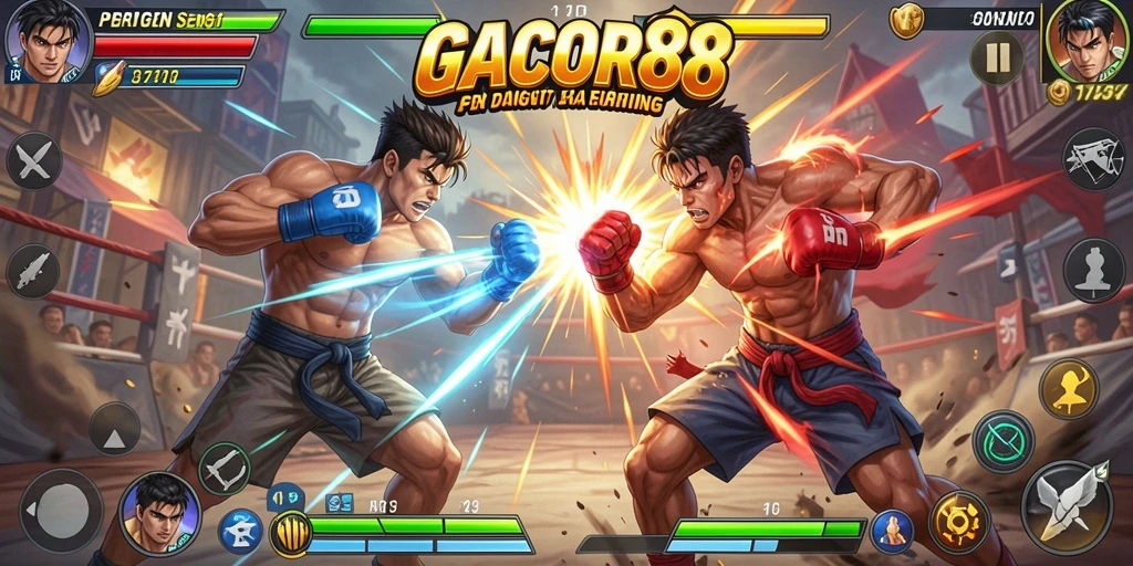 Screenshot gameplay GACOR88 menampilkan pertarungan intens dengan efek visual menakjubkan.