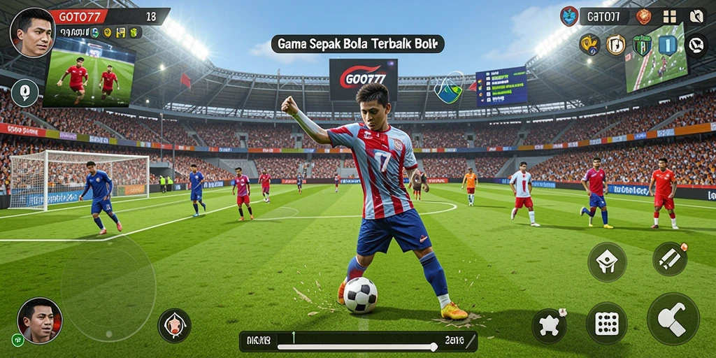 Screenshot gameplay GOTO77 menampilkan aksi seru di lapangan sepak bola.