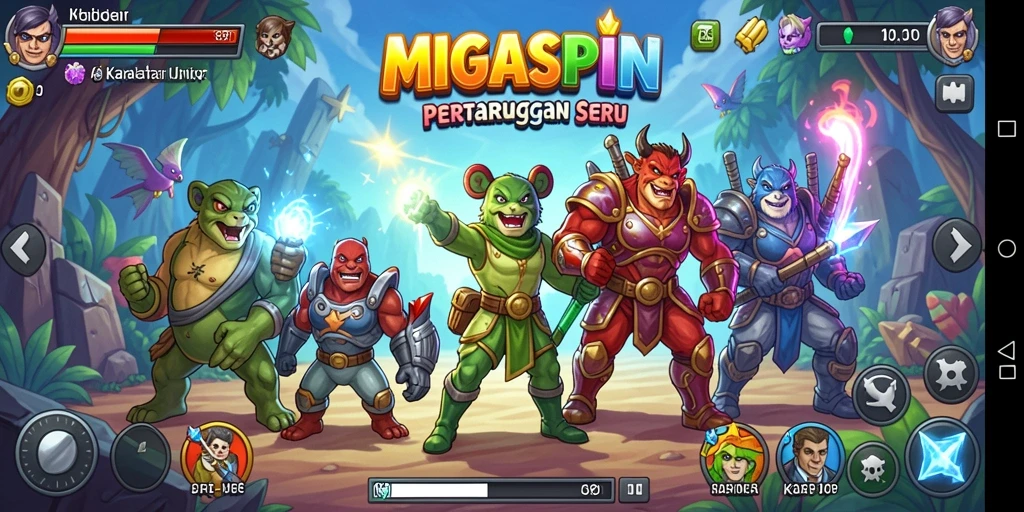 Tangkapan layar utama MIGASPIN menampilkan pertarungan yang intens dan karakter dinamis.