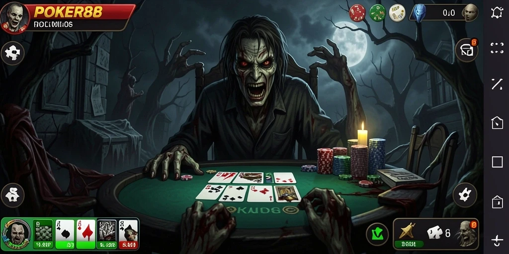Screenshot gameplay POKER88 menampilkan suasana mencekam dan grafis menakutkan.