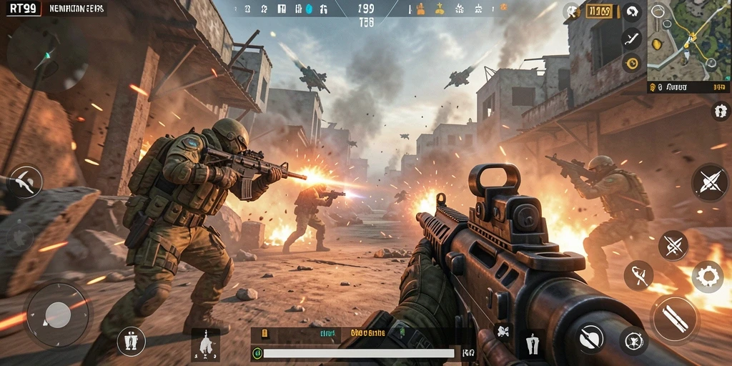 Tampilan gameplay RT99 yang menampilkan aksi pertempuran FPS yang mendebarkan.