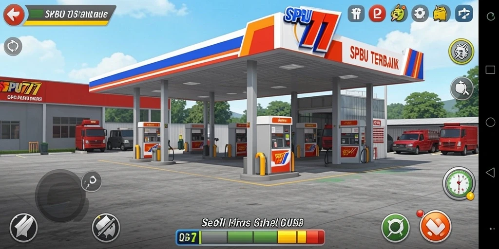 Tampilan gameplay SPBU77 saat mengelola stasiun pengisian bahan bakar.