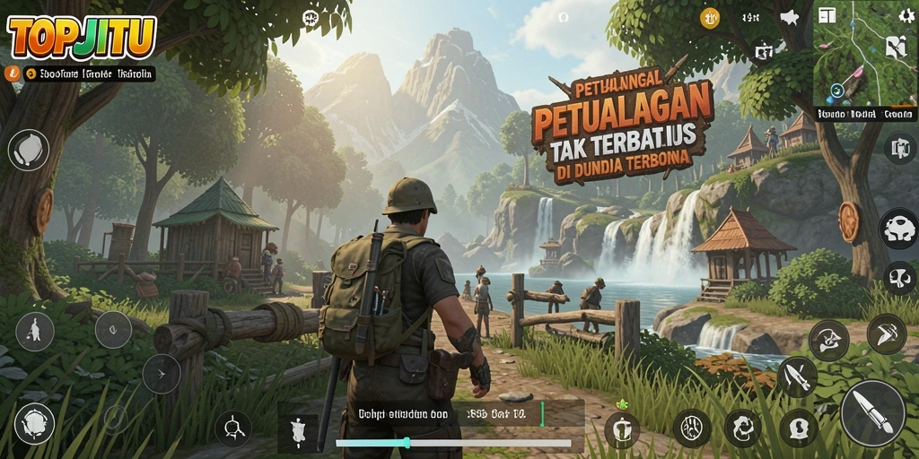 Screenshot gameplay TOPJITU menampilkan pemandangan dunia yang menakjubkan.